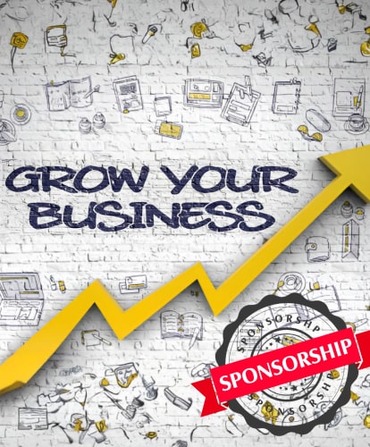 image with the words grow your business with a yellow upward trending arrow